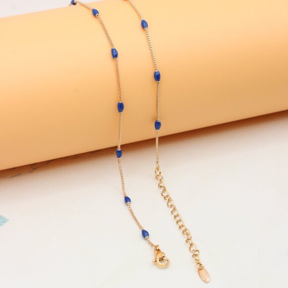 "Rose Gold Beaded Necklace with Blue Accents, Adjustable, XPNL0337 - Picture 10 of 11